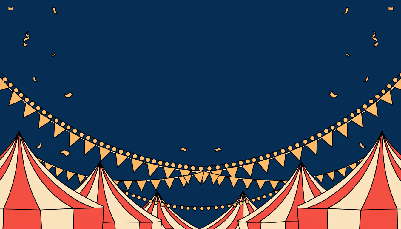 A night carnival with striped tents, bunting and marquee lights